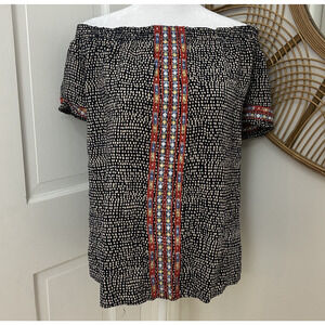 THML Black Tan Embroidered Boho Flowy‎ Peasant Top Festival Ethnic Blouse Sz L